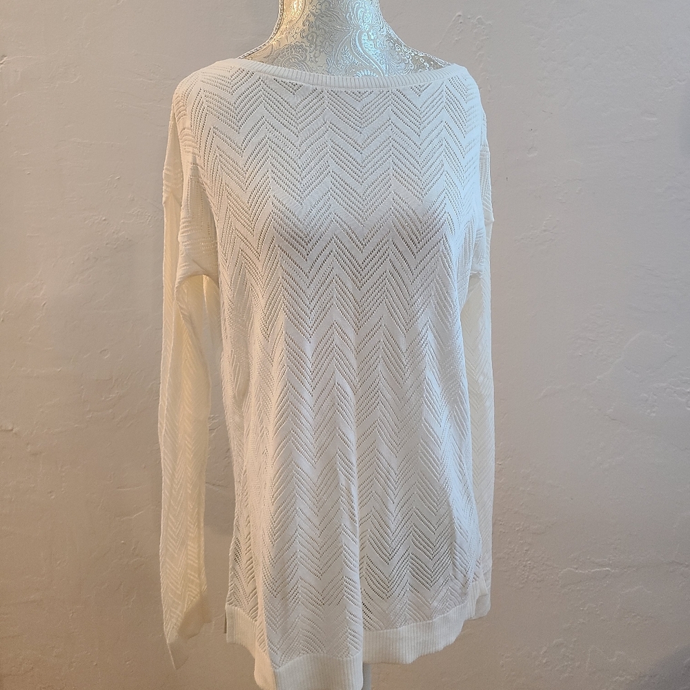 Loft off-white long sleeve crochet/chevron design/crew neck sweater